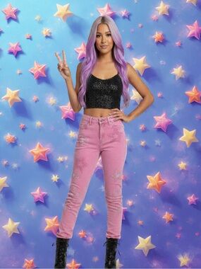 ✨ SHEIN High-Waisted Pink Star Patch Jeans ✨